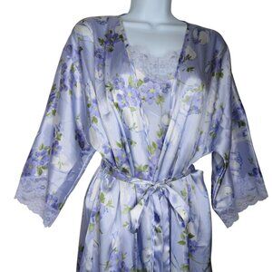 Gilligan & OMalley Womens Floral Satin Slip Nightgown Robe Set Light Purple Lace